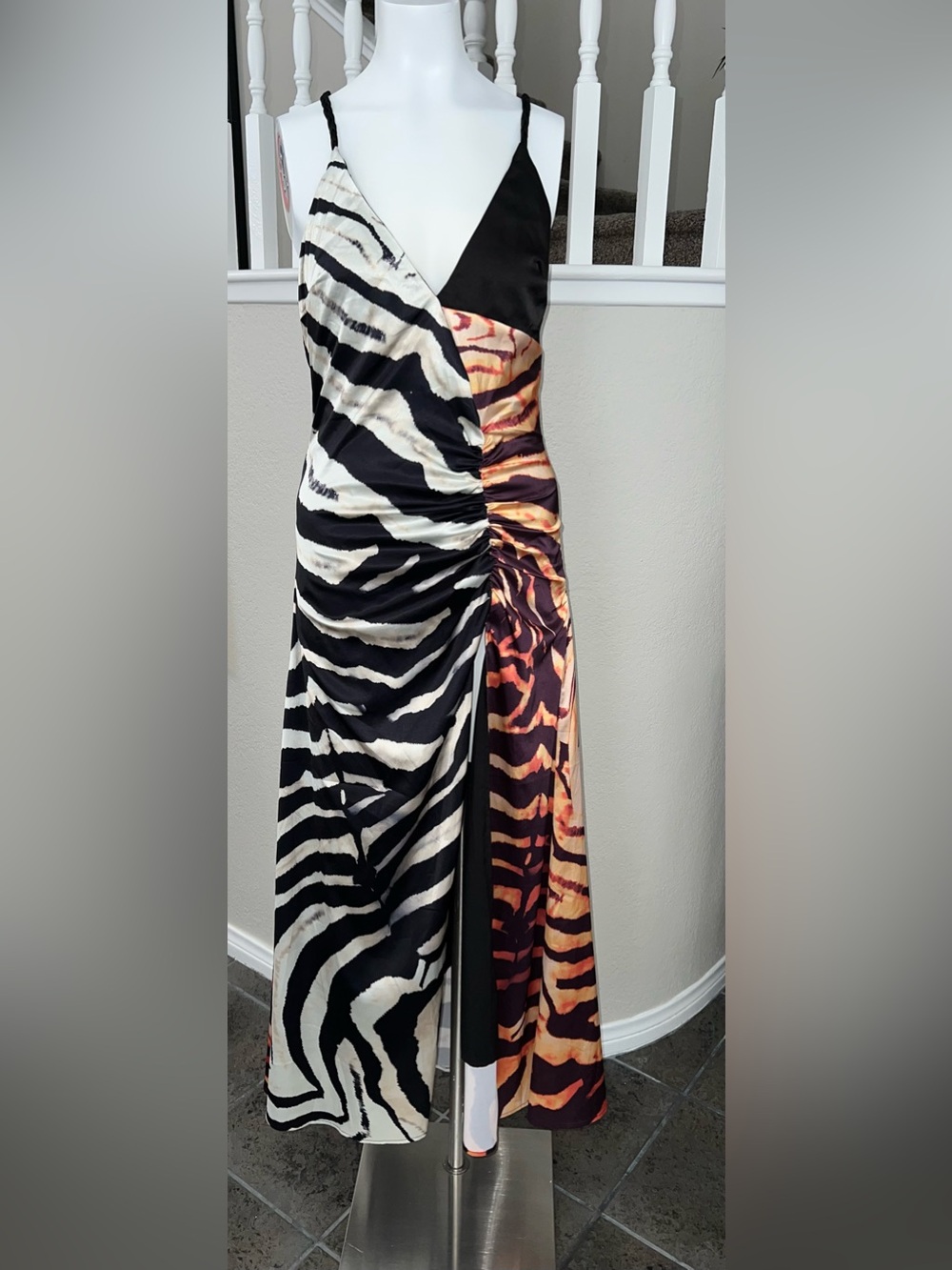 Sleeveless V-Neck Zebra & Tiger Print Slip Dress - Black, Cream, Orange